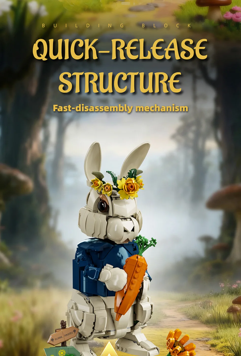 Creative 1258Pcs Pastoral Rabbit Animal Figrues Building Blocks Home Decoration Rural Flowers Rabbit Assemble Toys Birthday Gift