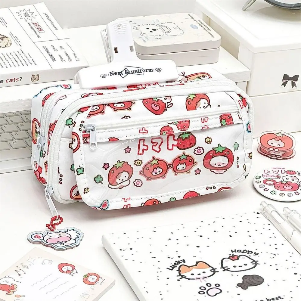 Flip Design Pen Bag Multilayer Large Capacity Pencil Case Tomato Kitten Pattern Multifunctional Stationery Storing Bag