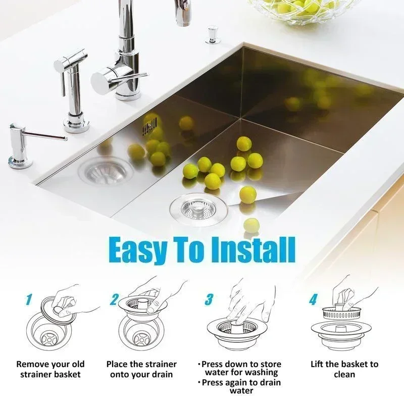 Tapón y colador de fregadero multifuncional 3 en 1, acero inoxidable 304, antiobstrucción y duradero, compatible con estándar estadounidense de 3,5 pulgadas