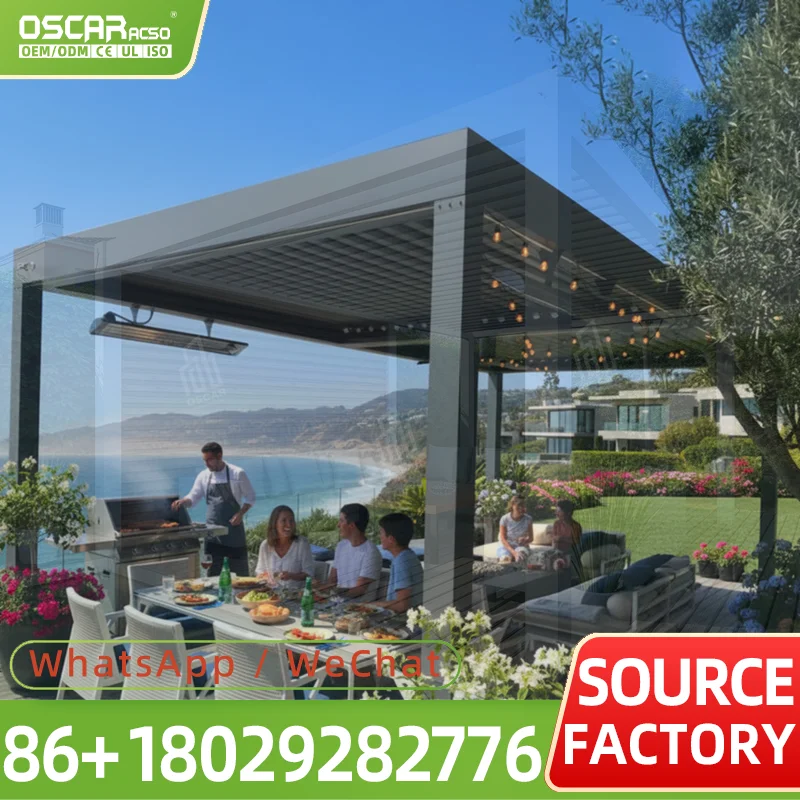 Motorized Retractable Roof Canopy Awning with Remote Control Customizable Size 15 Year Warranty Luxury PVC Aluminum for Patio Ga