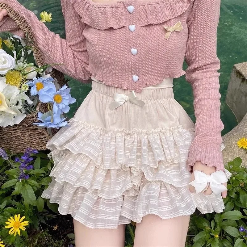 Sweet Gentle Square Neck Cardigan Cake Skirt Two-piece Set Women Bow Splice Single Breasted Spicy Girl Look Slim Summer Wear new