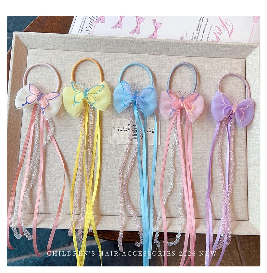 2026 Neu 2er-Set Schmetterlings-Haarschleifen mit Quasten und Kristallen – Hochelastisch, schadet den Haaren nicht, elastisch für Babys, Kleinkinder und Kinder – Geschenk – Detail 4