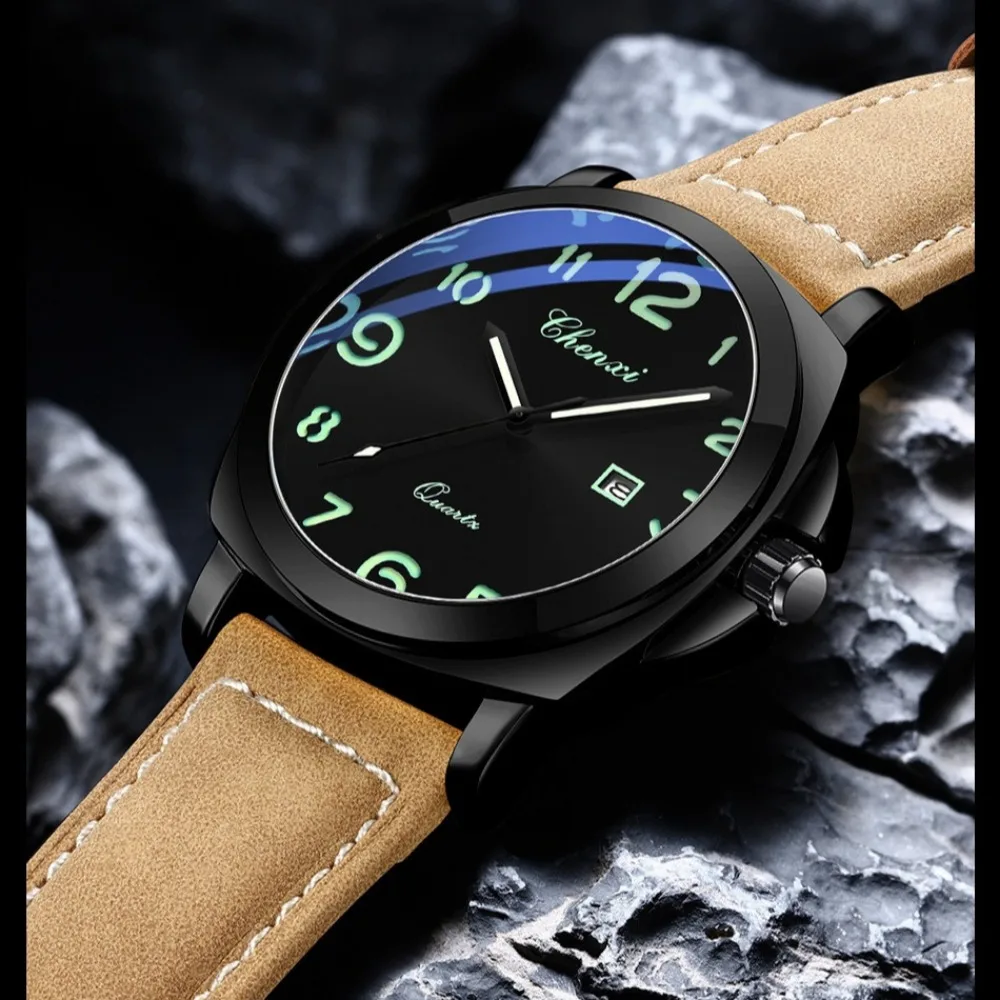 

Мужские кварцевые часы, деловые повседневные водонепроницаемые наручные часы с кожаным ремешком и календарем и светящимися стрелками