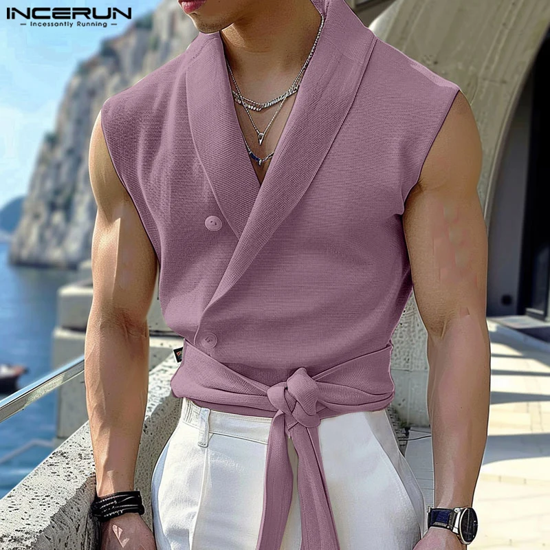 INCERUN Men Shirt Solid Color Lapel Sleeveless Button Casual Men Clothing Lace Up Streetwear 2024 Summer Fashion Camisas S-5XL