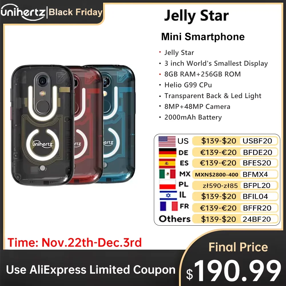 Unihertz-Mini Smartphone Jelly Star, Android 13, 8 Go, 256 Go, Téléphones portables à coque transparente déverrouillée avec lumière LED, 48MP