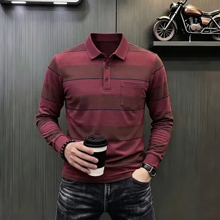 Einfaches Herren-Poloshirt mit langen Ärmeln, Kragen, Brusttasche, Knopfleiste, für Büro, Frühling, Herbst, Freizeit. – Detail 17