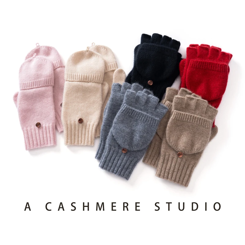 Outdoor Winter Half Finger Gloves Thickened Touchscreen Gloves 100% Goat Cashmere Warm Flip Cover Gloves For Women Men