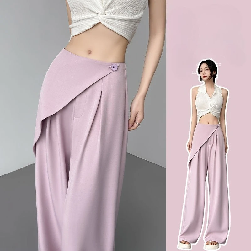 

Spring Summer Women Irregular Designer Fashion Wide Leg Beige Grey Trousers , Woman Fashion 2025 Korean Pants