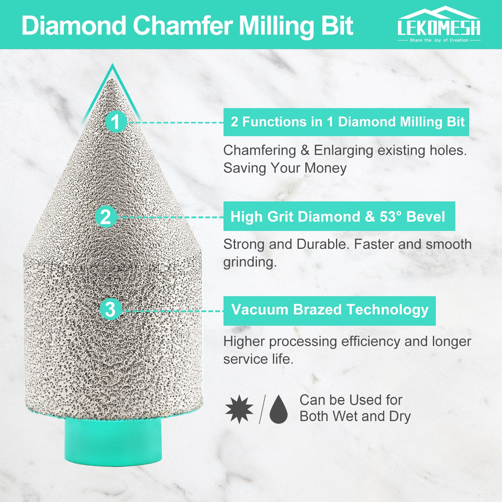 LEKOMESH Dia 20-50mm Diamond Chamfer Bits Milling M14 Inch Crowns Construction Porcelain Ceramic Marble Granite Holes Trimming