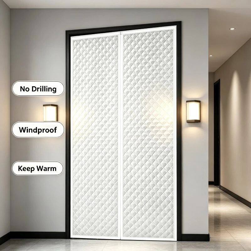 LGOLOL White Magnetic Winter Thick Insulation Door Curtain, No Drilling Required, Easy To Install, Windproof Partition Curtain