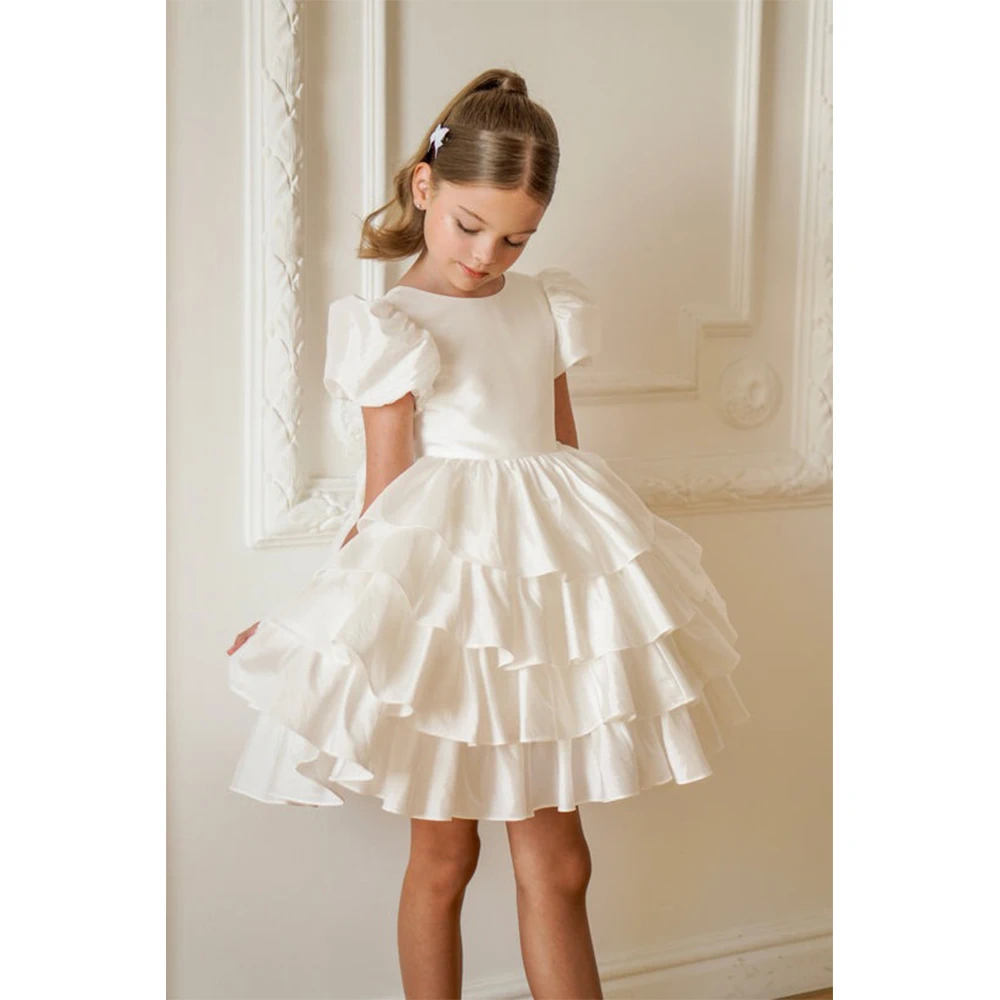 

Baby Girl Dresses White Satin Puff Sleeve Tiered Ruffle Flower Girl Dress First Communion Dress for Wedding Birthday Party