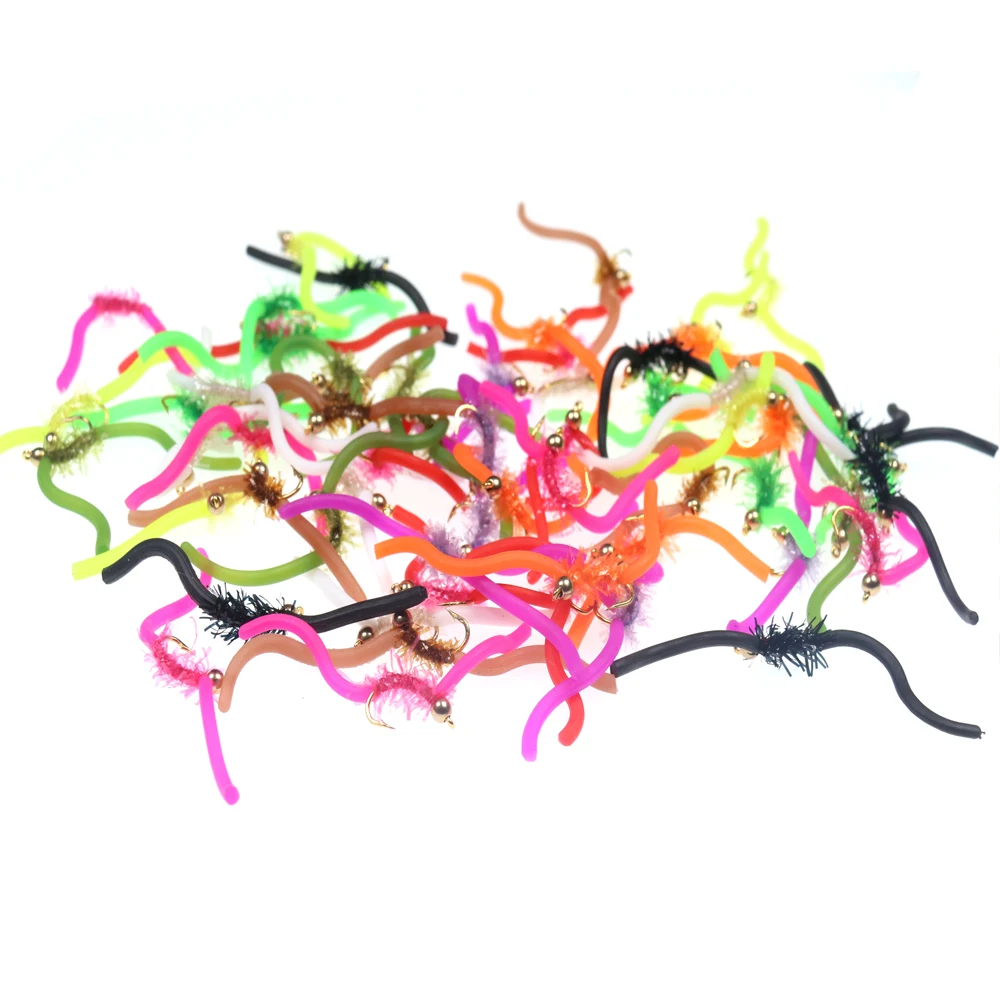 6 Stück UV San Juan Wurm Fliegen mit Messingperlenkopf, Squirmy Worm Nymphenfliegen, Regenwurmfliegen für Forellen-, Barsch- und Karpfenangeln, Fliegenköder – Detail 8