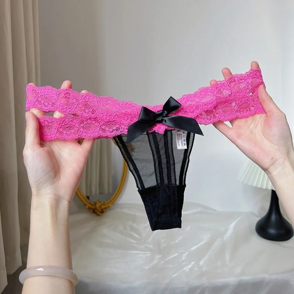 Underpants Low Waist Lace Thongs Transparent Cross Belt Ladies T-back Briefs Hollow Out Lingerie Mesh Bow Thong Intimate Apparel - view 2
