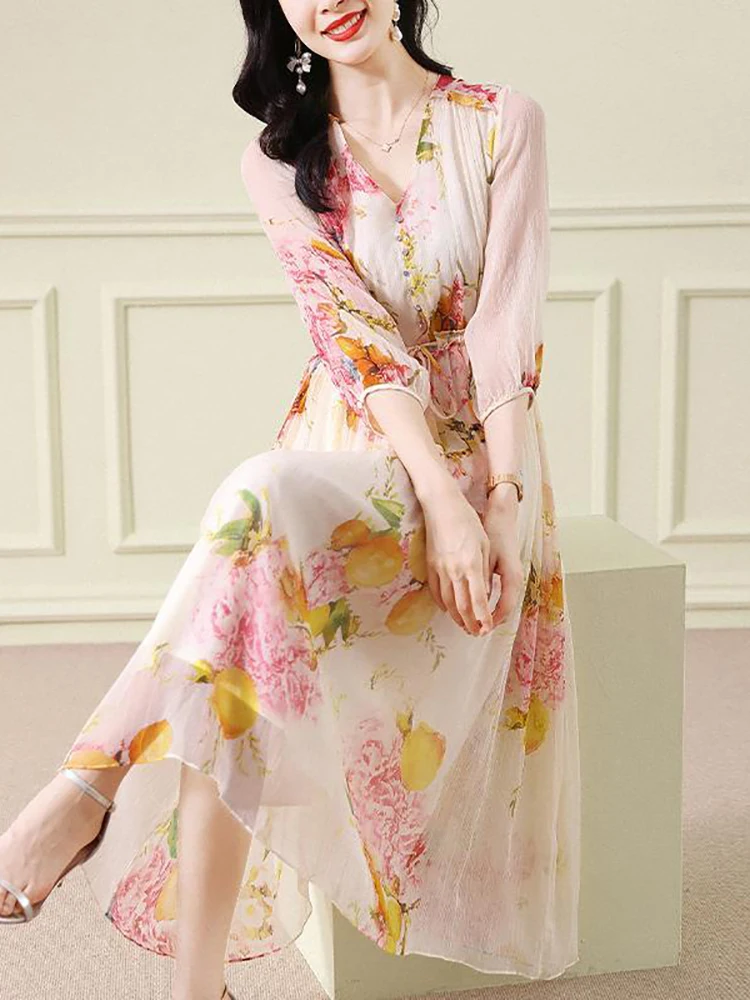 Summer Floral Silk V-Neck Bandage Long Dress Women Elegant Casual Beach Dress 2024 New Korean Fashion Chic Holiday Evening Dress