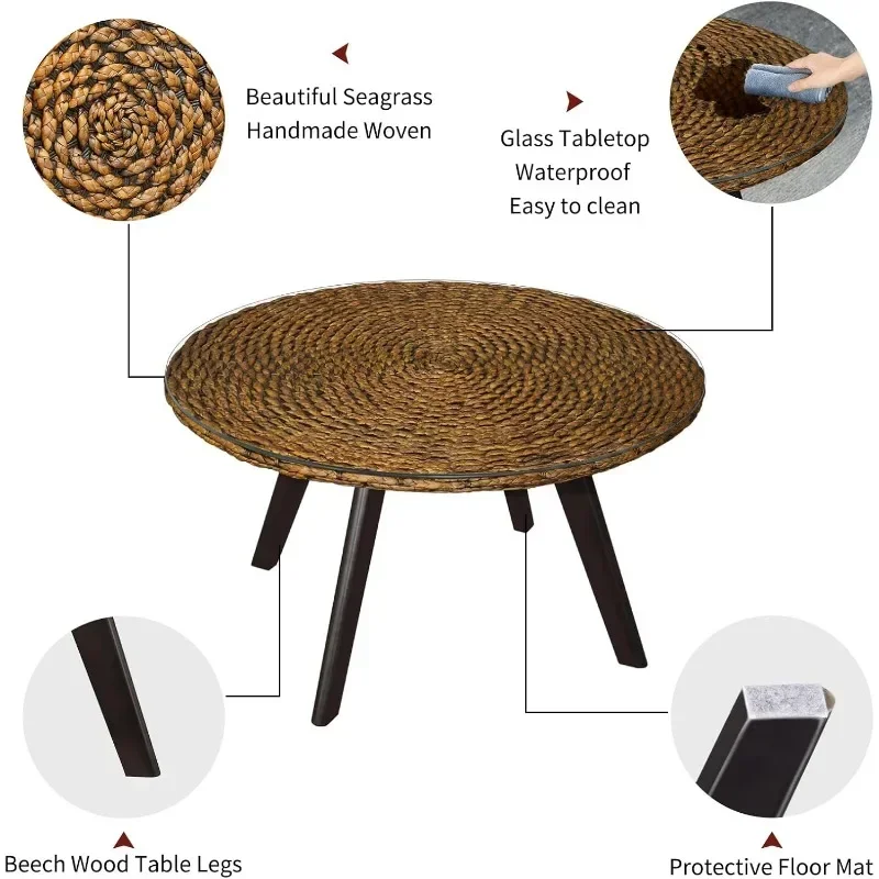 Table basse ronde en rotin, table basse à plateau en verre, pieds en bois massif, table de centre de thé d'appoint pour salon, chambre à coucher