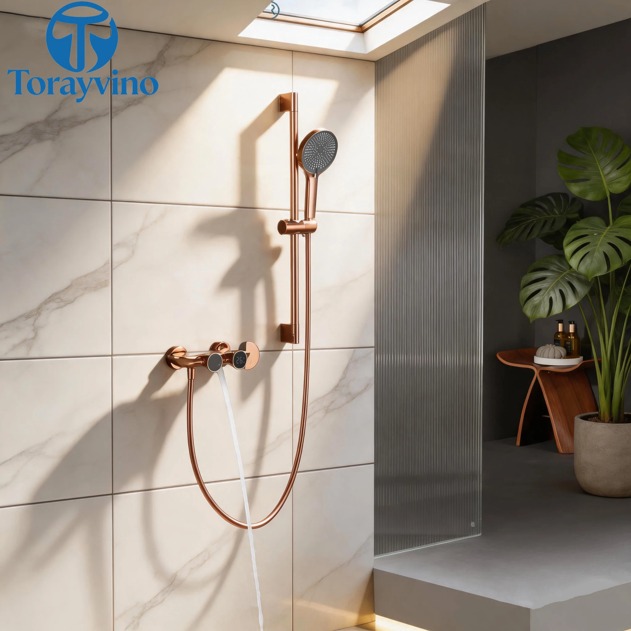 

Torayvino Bathroom Digital display gold luxury Shower System Set 2-way Rainfall Head high quality outdoor faucet shower column
