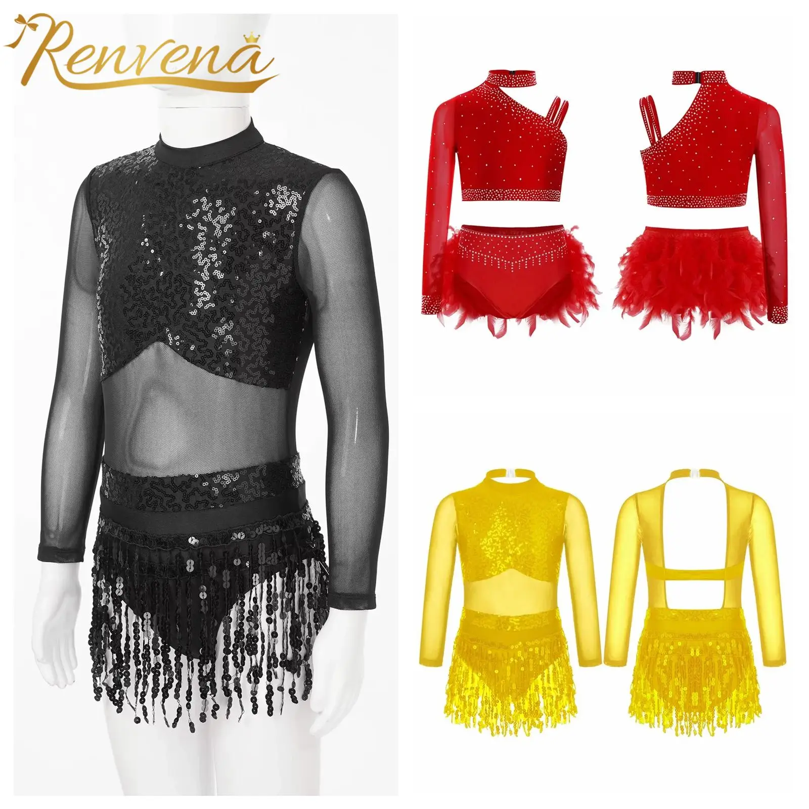 Kids Girls Latin Modern Dance Performance Costume Sparkly Rhinestones Tops Irregular Shoulder Crop Top with Feather Briefs