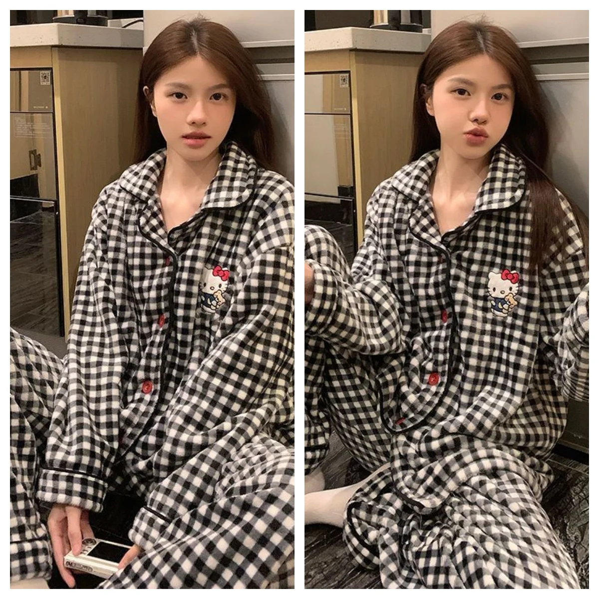 

Hello Kitty Pajama Set Women Coral Fleece Cotton Padding Thickened Home Loungewear Warm Autumn Winter Sanrio Nightwear Set new