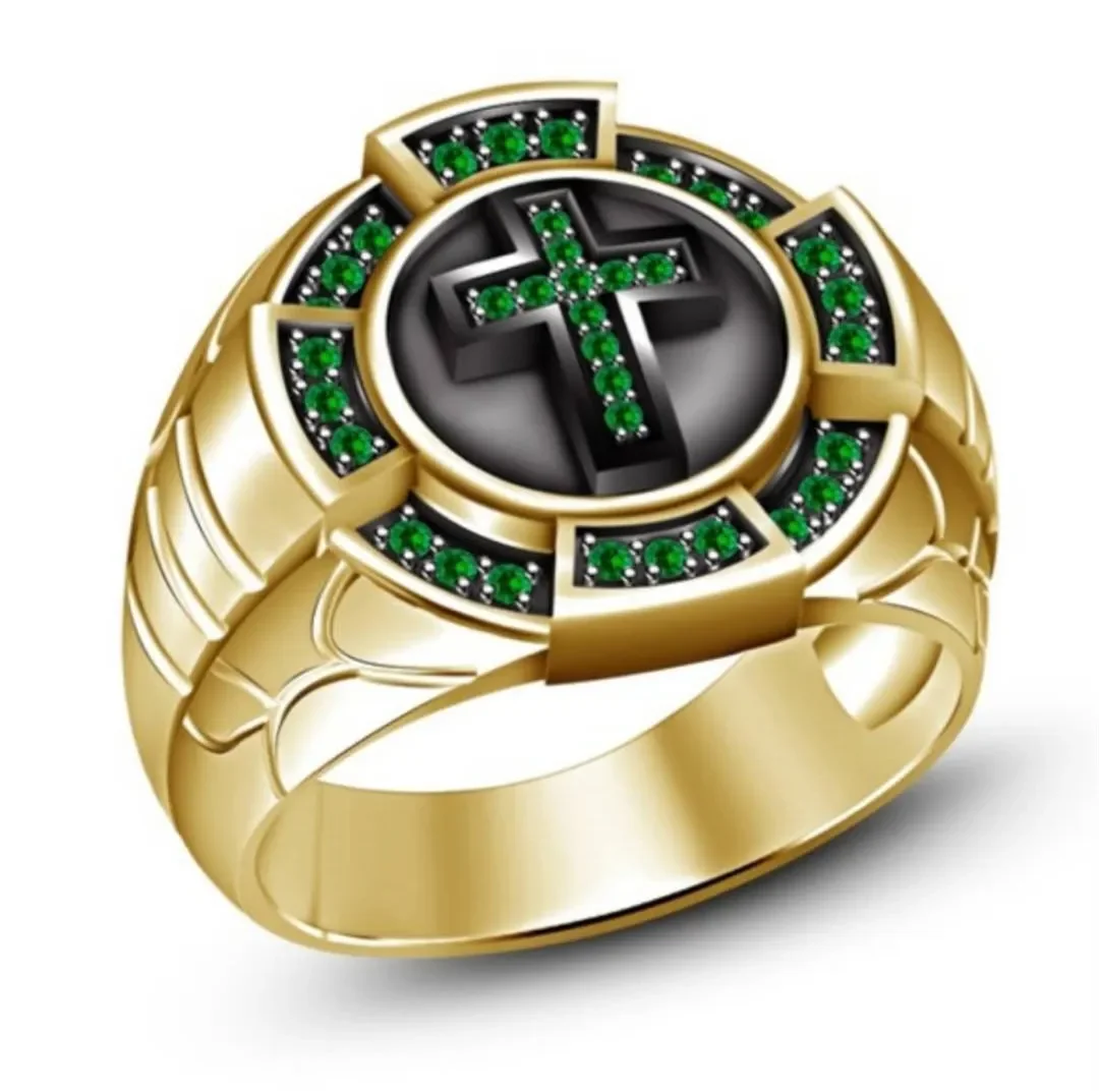Golden Cross Green Diamond Black Oil Ring, Personalized, Popular in Europe and America, Stylish & Daily Wear