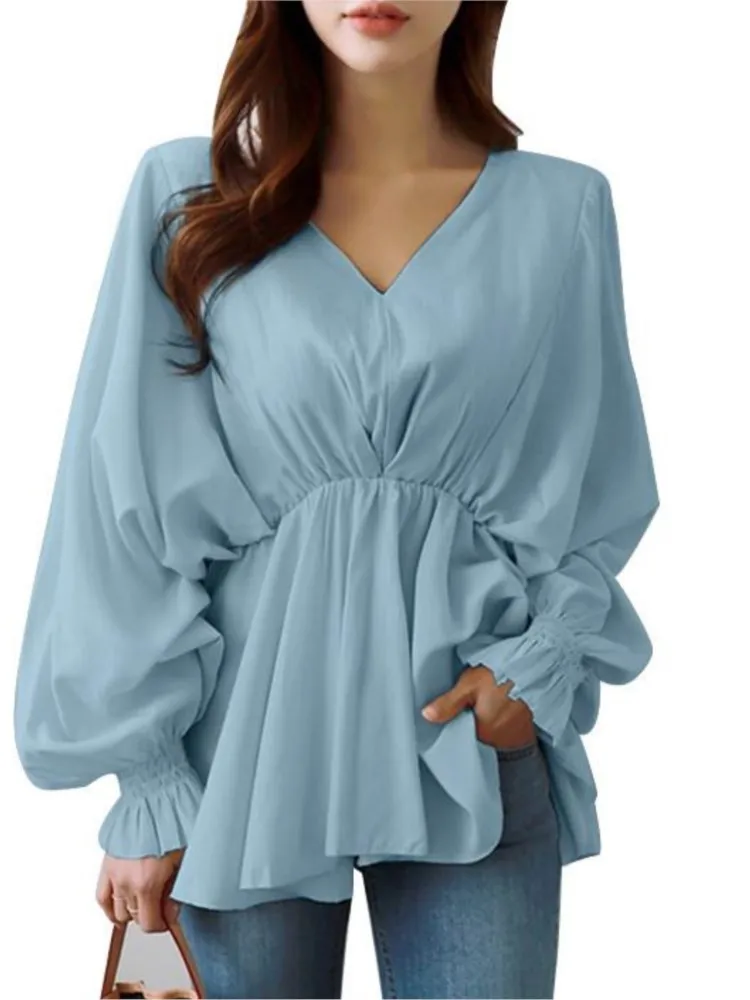 

Spring Summer Women's Clothing New Sexy V-neck Drawstring Fashionable Irregular Shirt Loose Design Casual Long Sleeved Shirt