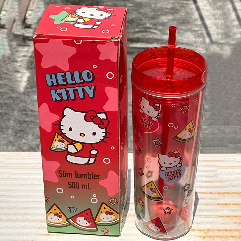 500ml Hello Kitty Straw Cup Large Capacity High Appearance Plastic Cup Anime Surrounding Portable Outdoor Accompanying Cup Gift