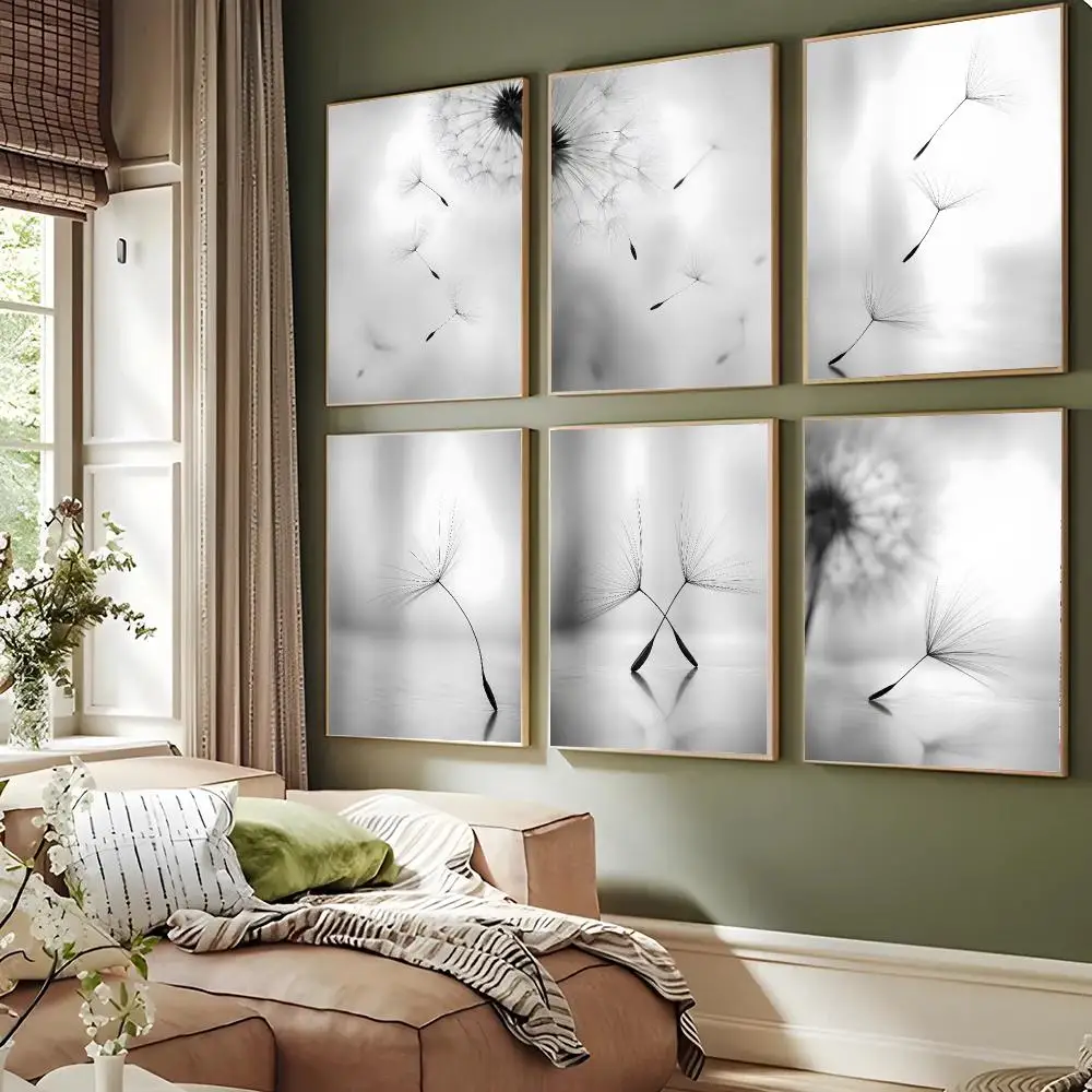 Black White Minimalist Dandelion Sketch Poster Waterproof Sticky Wall Art Print For Bedroom Living Room Hallway Bar Home Decor