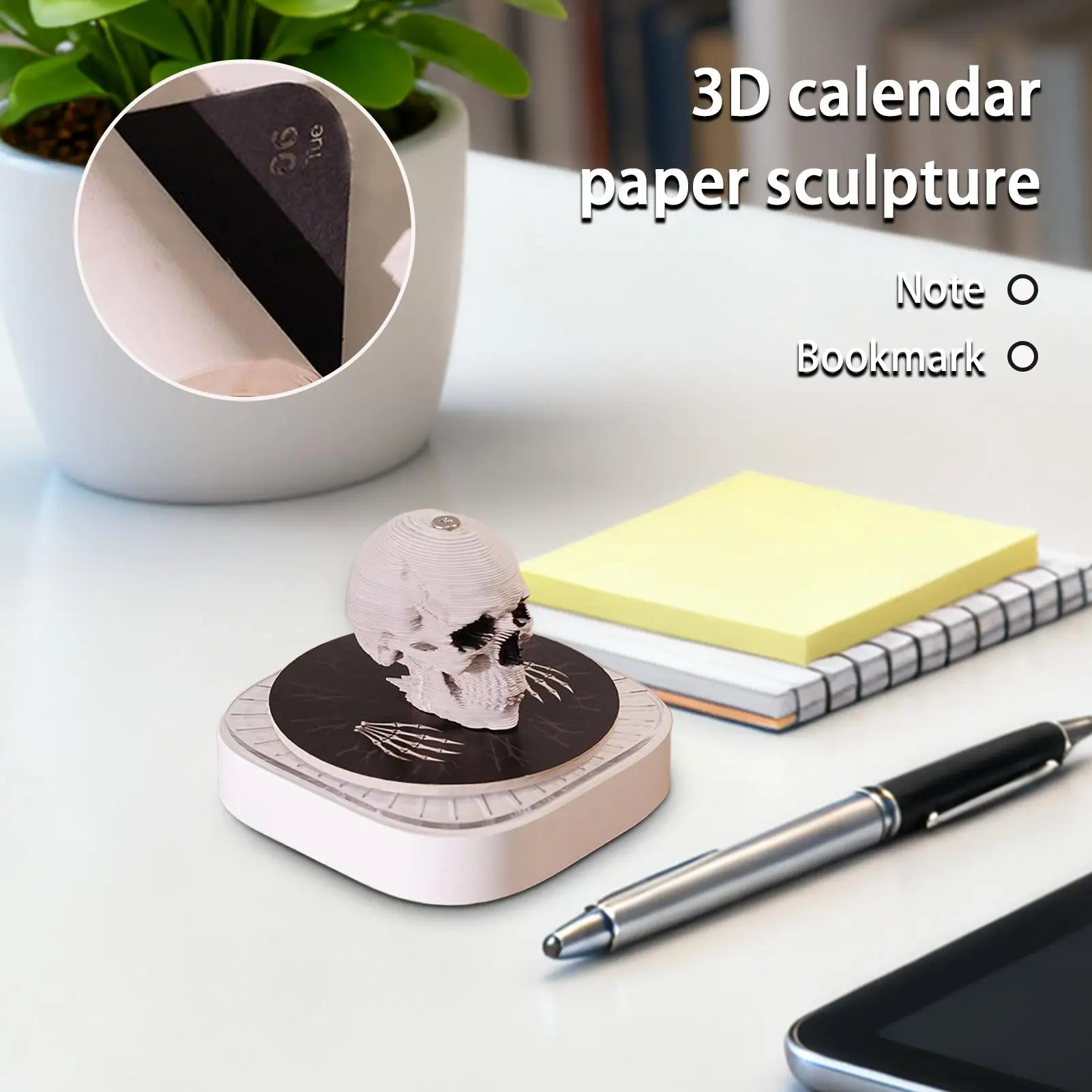 Calendario Time Piece 2026 Calendario artistico con scultura in carta a forma di teschio 3D Blocco note Scultura in carta per assistenti esecutivi