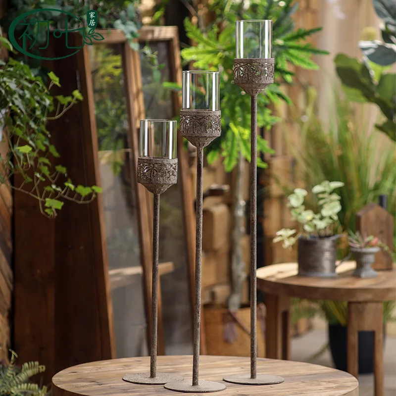 American retro windproof floor candle holder wrought iron old handicraft candle holder