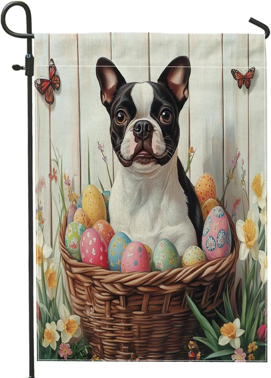 Spring Easter Boston Terrier Dog Garden Flags 12”x18” Double Sided for Outside, Floral Basket Eggs Front Yard Small Canvas H ZZM