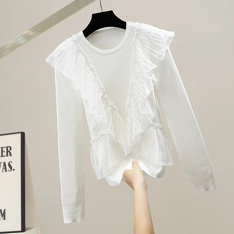 

Mingyuan Faion Long Sve Knitted Top Me Splicing Slimming Design Korean Sle High Collar Cotton Blend Trendy Top