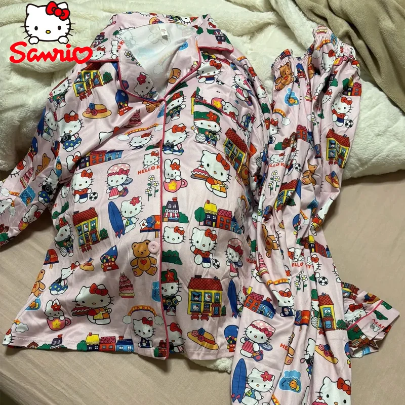 Hello Kitty Pajama Women's Spring and Autumn New Cute Pink Sweetheart Japanese Cartoon Casual Long Sleeved Home Suit Pajama Set