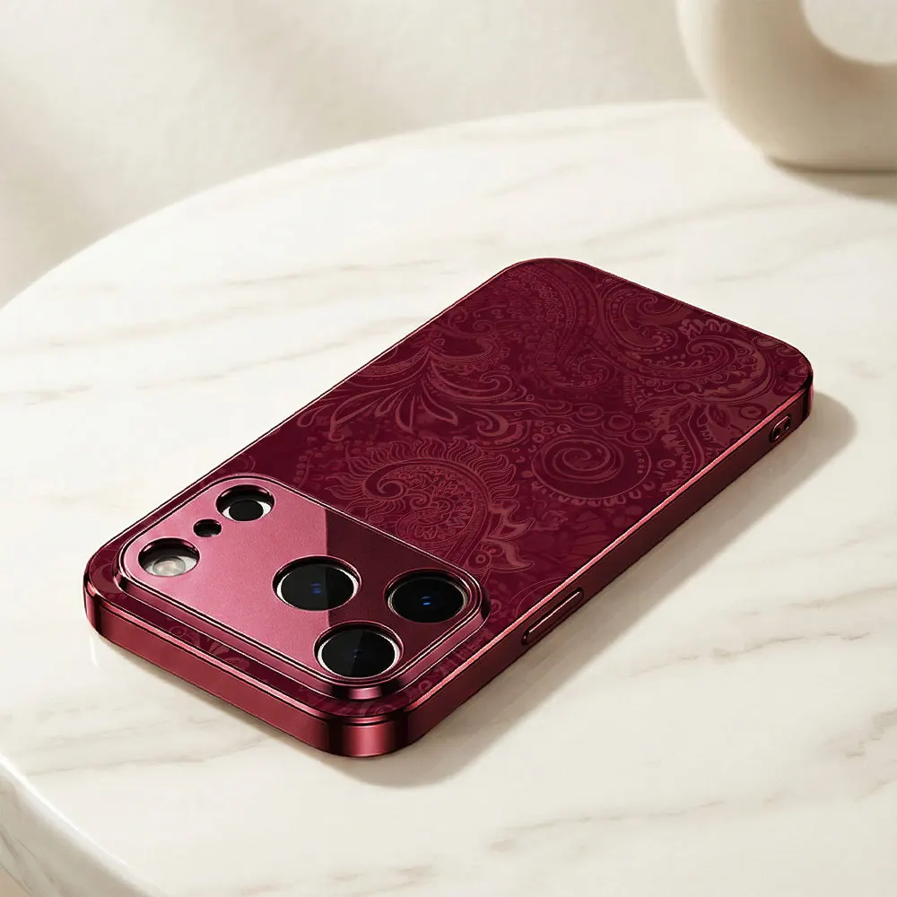 ECOCASE Handyhülle für iPhone 17 16 15 14 13 12 11 Pro Max 16E Rote Galvanisierte Glasschale Burgunder Paisley Cover