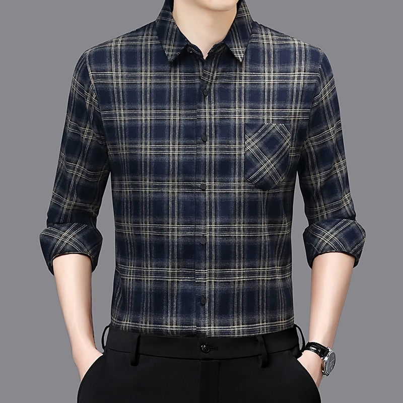 

Осень 2024, новая клетчатая рубашка с длинными рукавами, мужская деловая повседневная удобная для кожи универсальная рубашка с начесом