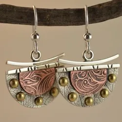 Ethnic Bronze Semicircle Hook Earrings Vintage Metal Two Tone Carving Pattern Handmade Drop Earrings for Women Jewelry