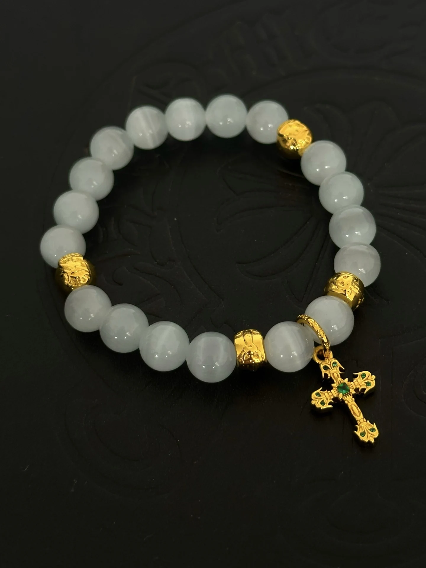 S925 sterling silver charm old cross white stone round beads CH couple light luxury medieval bracelet couple girlfriend jewelry