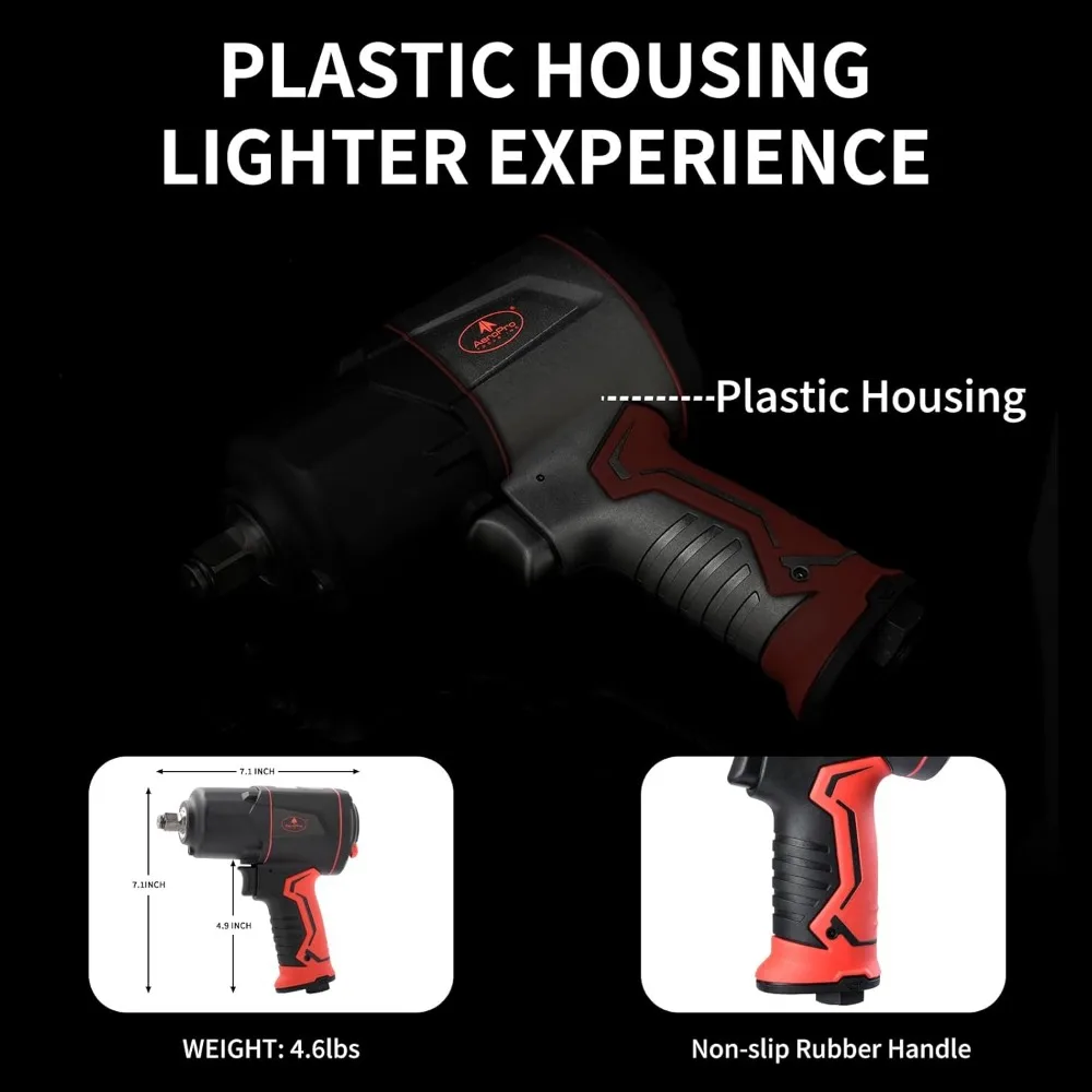 مفتاح ربط هوائي مركب نصف بوصة مع تقنية المطرقة المزدوجة، بحد أقصى 1380 رطلًا من عزم دوران تخفيف، 8000 دورة في الدقيقة، هوائي