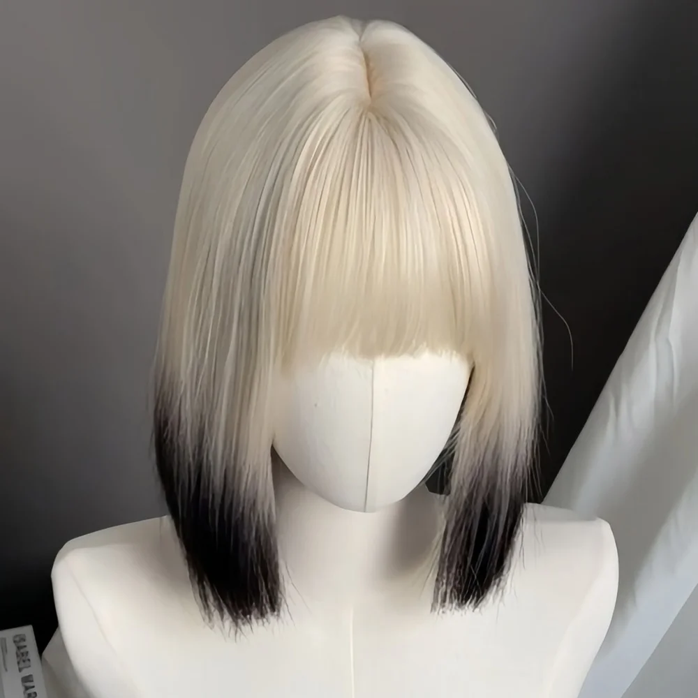 Cute Short Wig, Wig With Bangs, Woman Synthetic Wig Ombre Short Bob,Light Blonde Black Ombre Straight Bob Hair Wig,Gifts for Her image 3