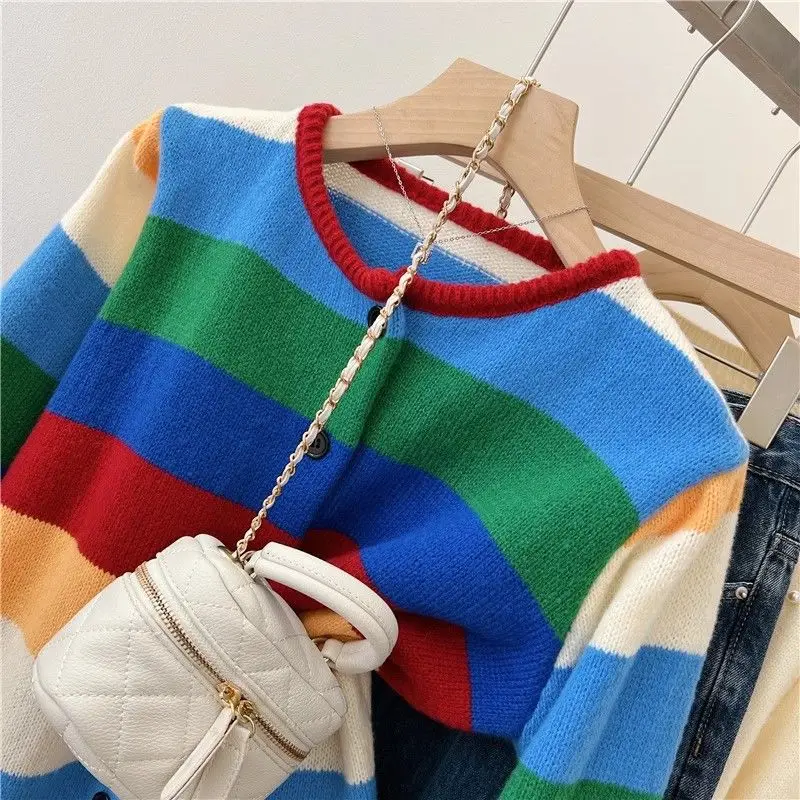 Autunno donna Trendy Vintage Rainbow Striped Chic Button Cardigan lavorato a maglia femminile Casual O collo manica lunga cappotto maglione Outewear