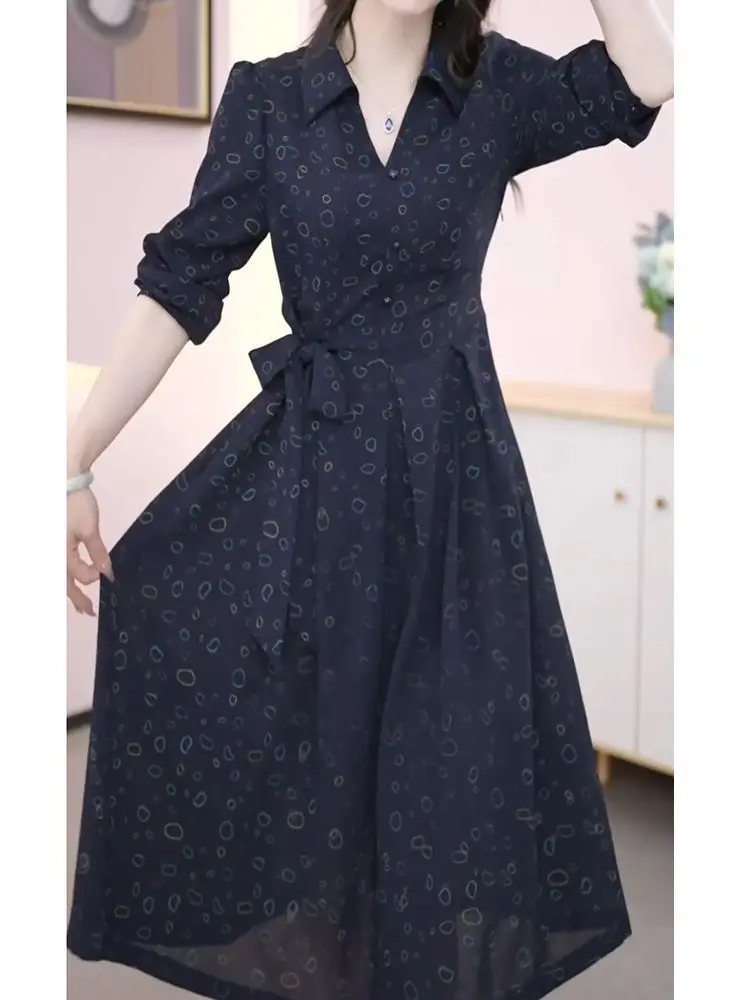 Fashionable Elegant Dress for 2024 Spring Autumn Concealing Flesh Slimming Mid to Long Lace Up Age Reducing Printed Base Skirt