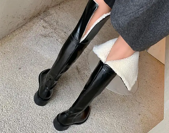 Inverno marrone nero vera pelle punta tonda pelliccia di agnello sopra il ginocchio stivali donna Med tacchi tubo Slip On riscaldamento stivali