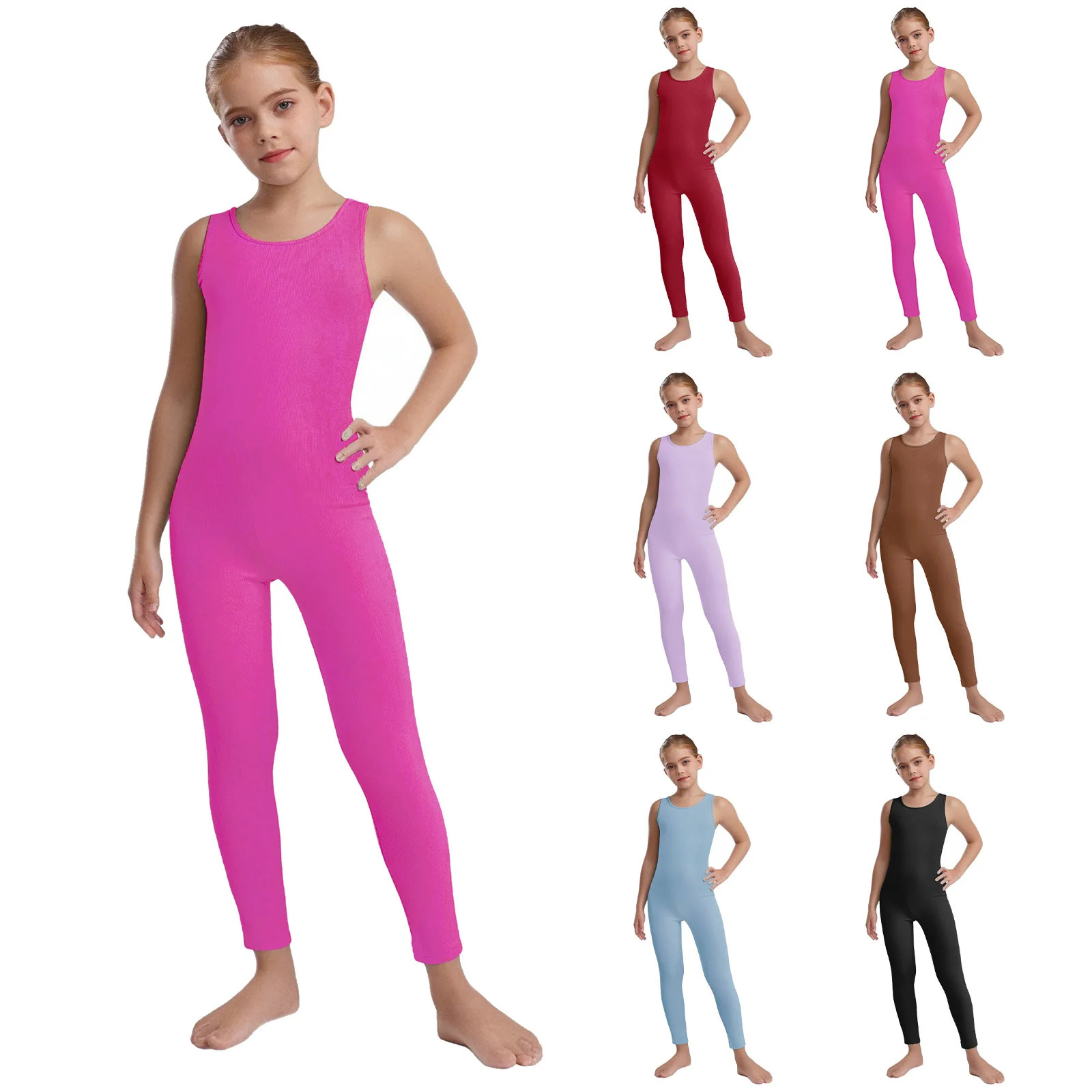 Kids Girls Sleeveless Ribbed Pilates Yoga Workout Dance Jumpsuit Sports Athletic Bodysuit Casual Full Body Dance Warm-up Leotard