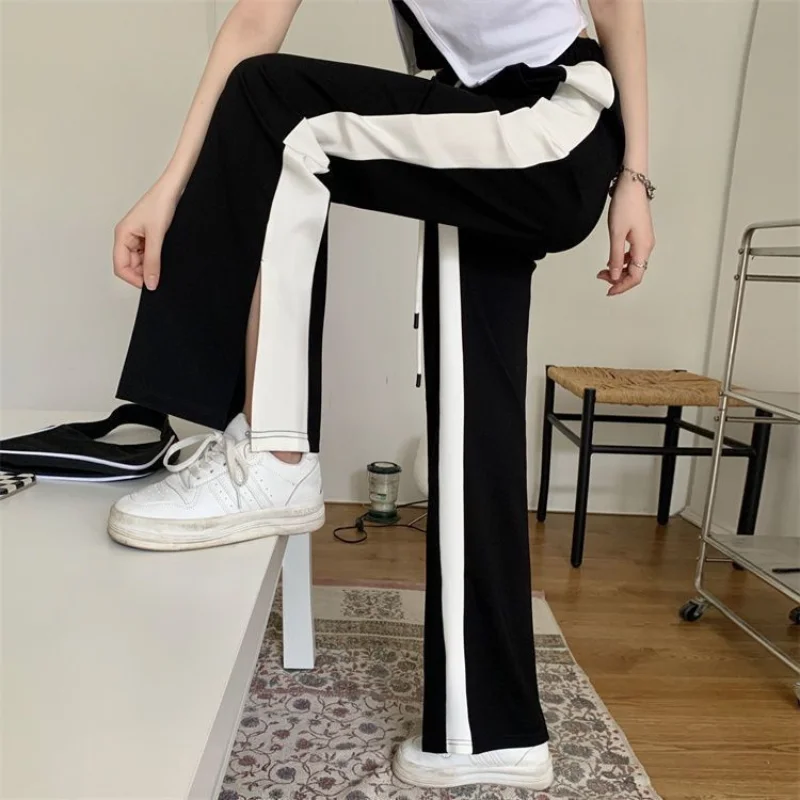 Black Straight Pants for Women's Spring Summer New Elastic Waist Contrast Loose Split Wide Leg Pants Casual Fashion Clothing