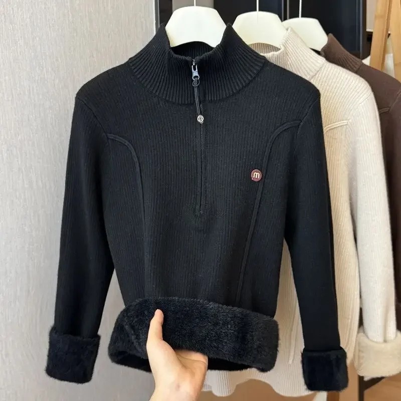 Plus Fleece Verdicken Solide Pullover Frauen Halb Hohen Kragen Stickerei Gestrickte Herbst Winter Im Freien Elastische Alle-spiel Pullover