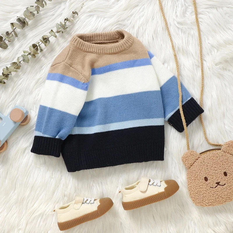 

Winter Warm Long Sleeve Sweater For Baby Boys Children Contrast Color Pullover Infant Crew Neck Jumpers Children Knitwear