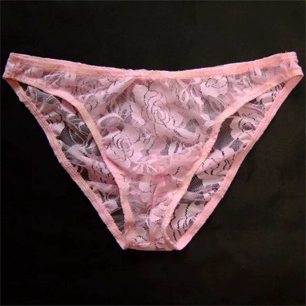 Sexy Men Lace Transparent Briefs Perspective Underwear Hollow Out Rose Mesh Low Rise Male Panties