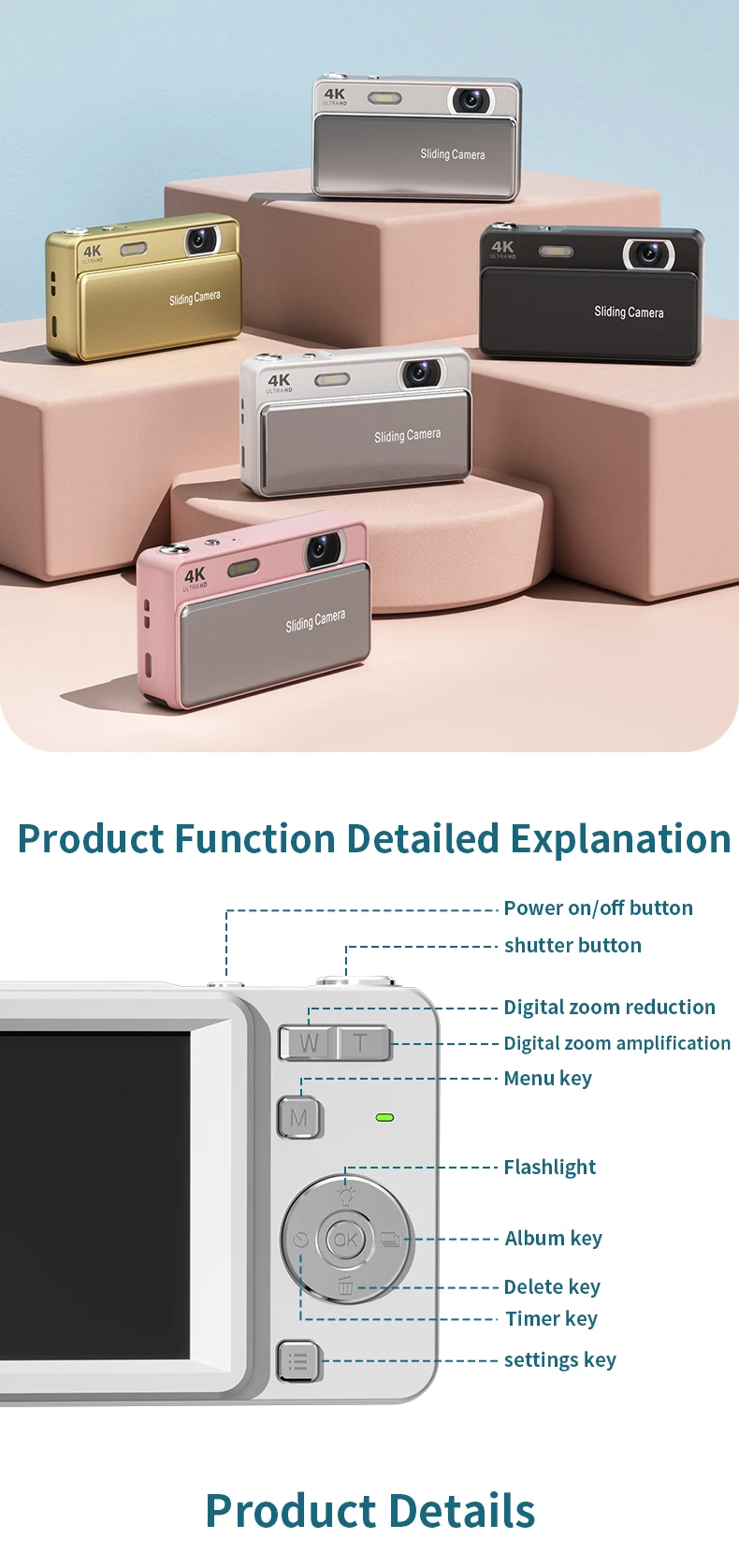 2026 Viral 4K Mini 700 Mah Camera with Sliding Lens, 2.8-inch IPS 16x Zoom Compact Vlog High Profit Digital Camera M15 CCD