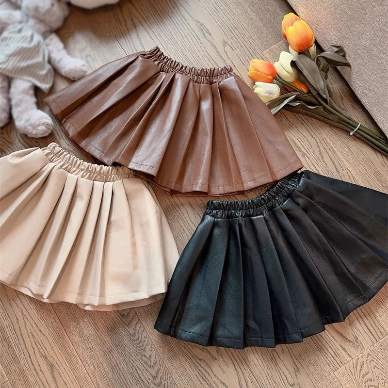 2-10 Years Baby Toddler PU Pleated Children School Girls Fall Winter Plush Skirt Pleated Skirts For Kids Children Clothes