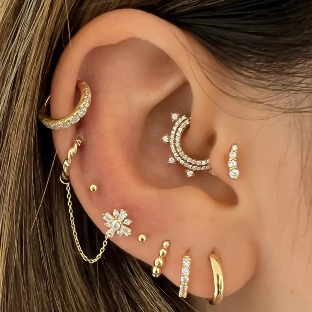 925 Sterling Silver Puncture Hoop Earring European and American Double Row Zircon Point Nail Cartilage Earring Jewerly