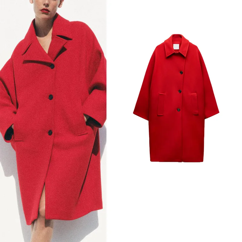 

Red Loose Fit V-Ne Woolen Coat New Autumn Winter Women's Faion Long Sve Outerwear Polyester 00% Material