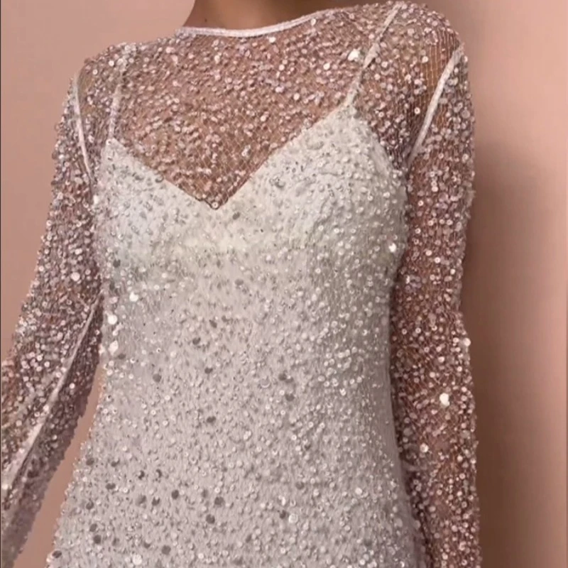 2025 verano Sexy cuello redondo cuentas vestido de malla transparente fuera del hombro vestido de tirantes fiesta boda vestidos de invitados moda mujer Mini Drees